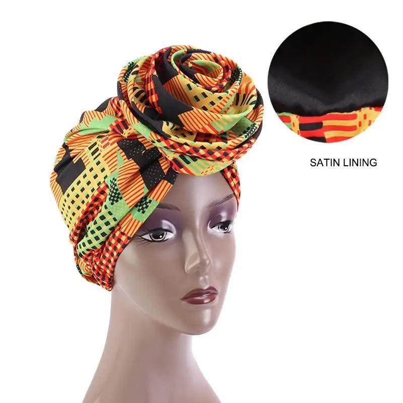 New Vintage African Print Stretch Bandana Head Wrap Long Scarf satin Floral Women Party Turban Headwear Cap Hair Accessories