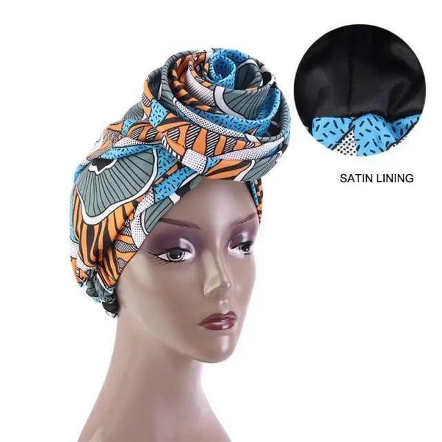 New Vintage African Print Stretch Bandana Head Wrap Long Scarf satin Floral Women Party Turban Headwear Cap Hair Accessories